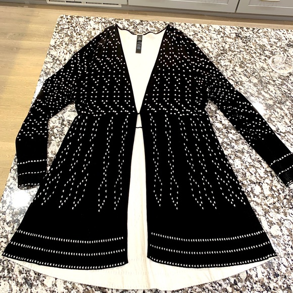Long black and white duster sweater. Chico’s Black Label, size 2 - Picture 1 of 15